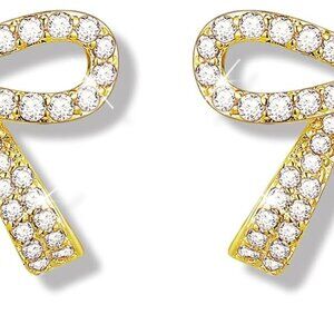 Elegant Gold-tone Cubic Zirconia Bowknot Stud Earrings for Women, Bridal & Daily